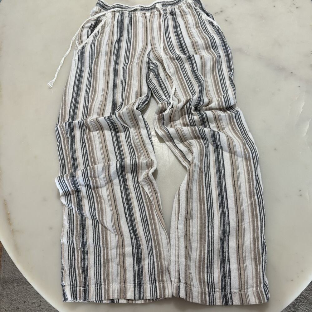 Maurices 53% Linen 47% Rayon Women's S Wide Leg Brown Blue & White Striped Pants